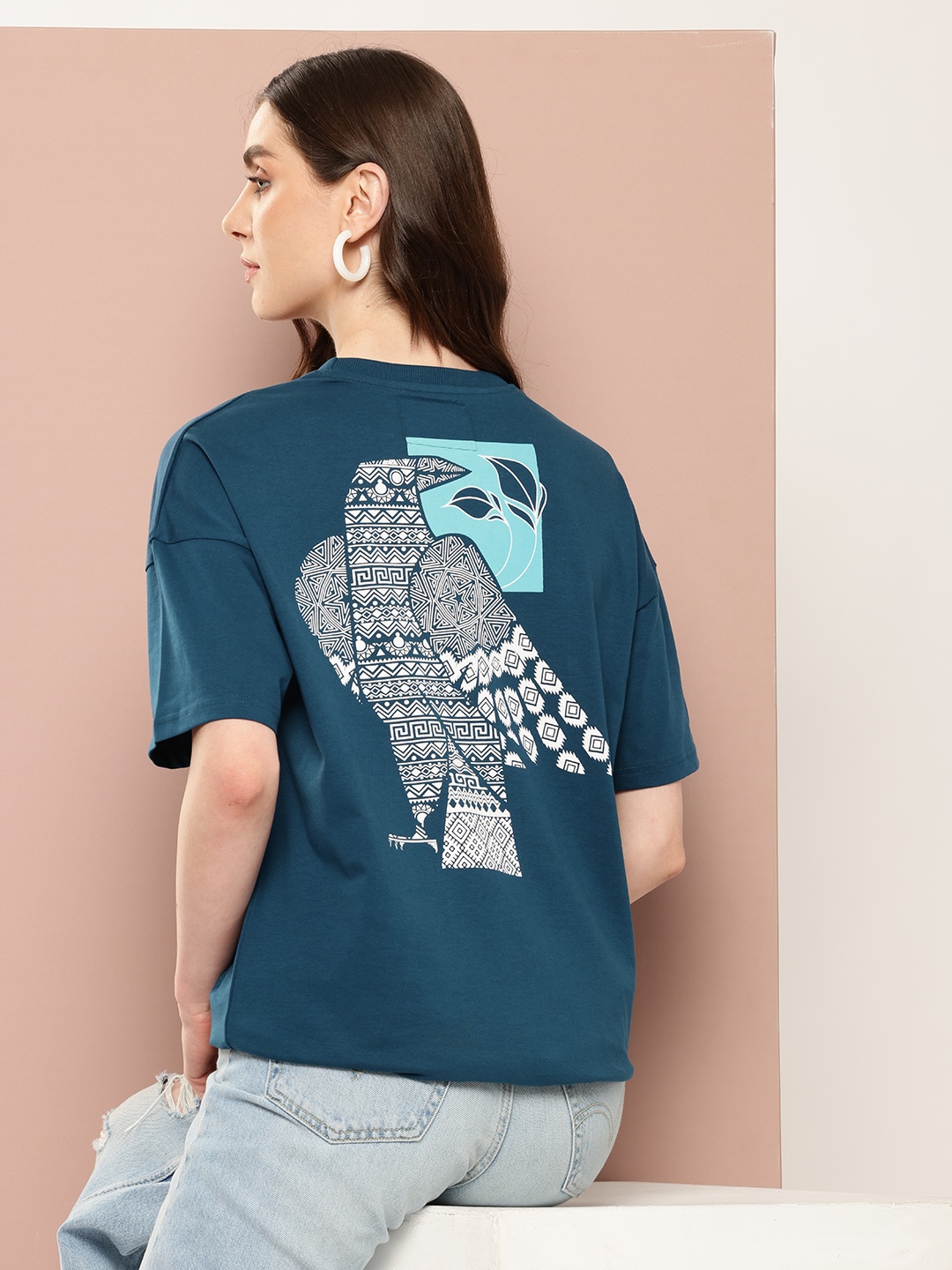 Stormborn Printed Drop-Shoulder Sleeves Oversized Pure Cotton T-shirt, Navy blue