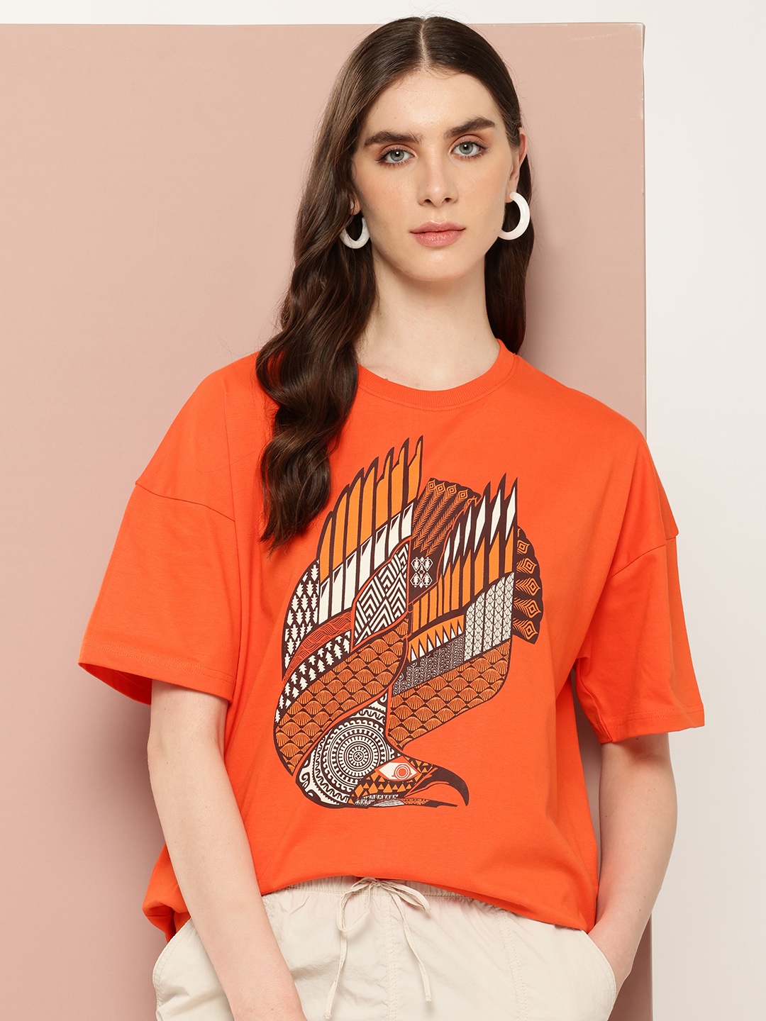 

Stormborn Women Oversized Printed Drop-Shoulder Sleeves Pure Cotton T-shirt, Orange