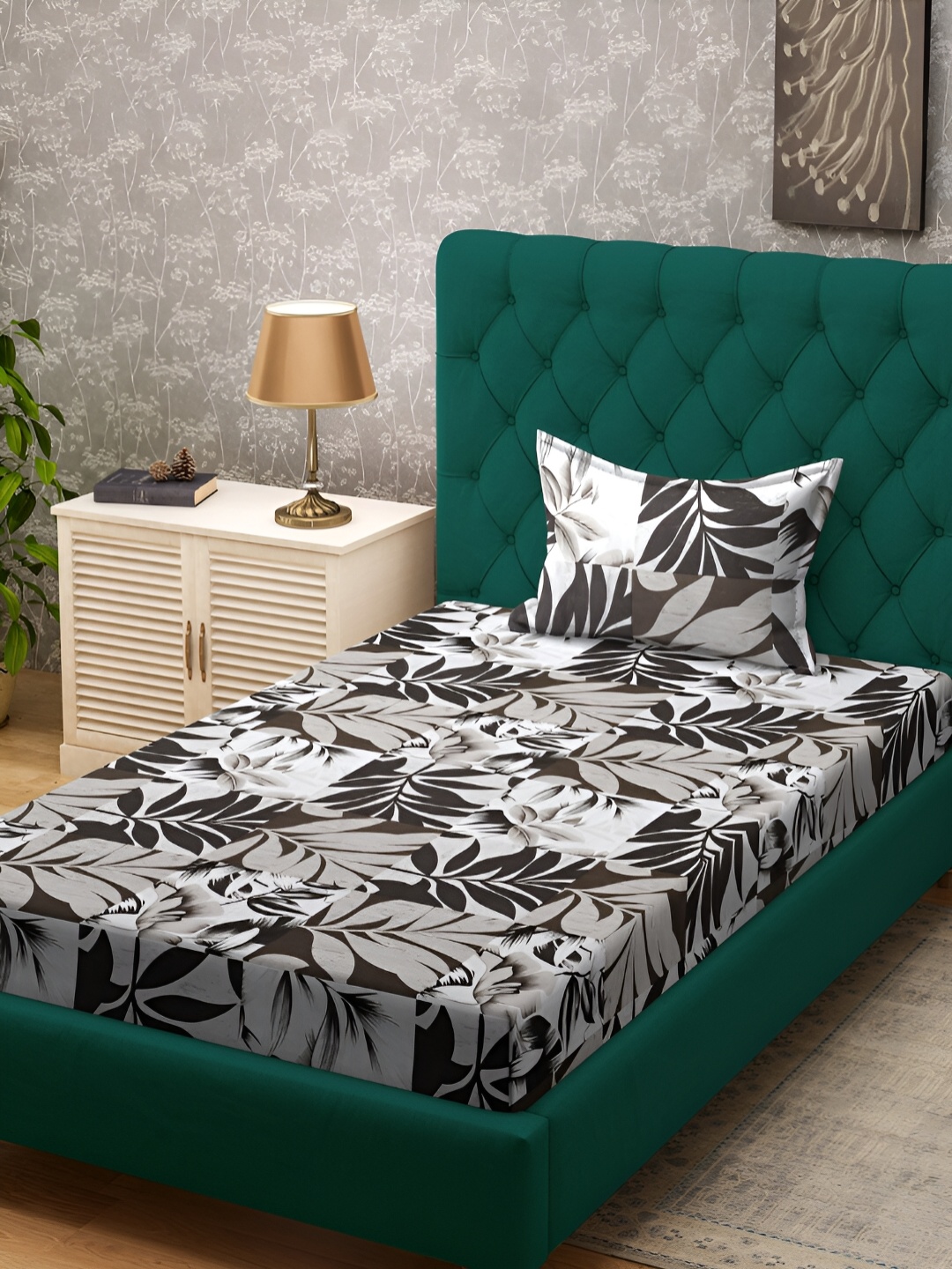 

KLOTTHE Brown & White Floral Printed 300TC Single Bedsheet & 1 Pillow Cover