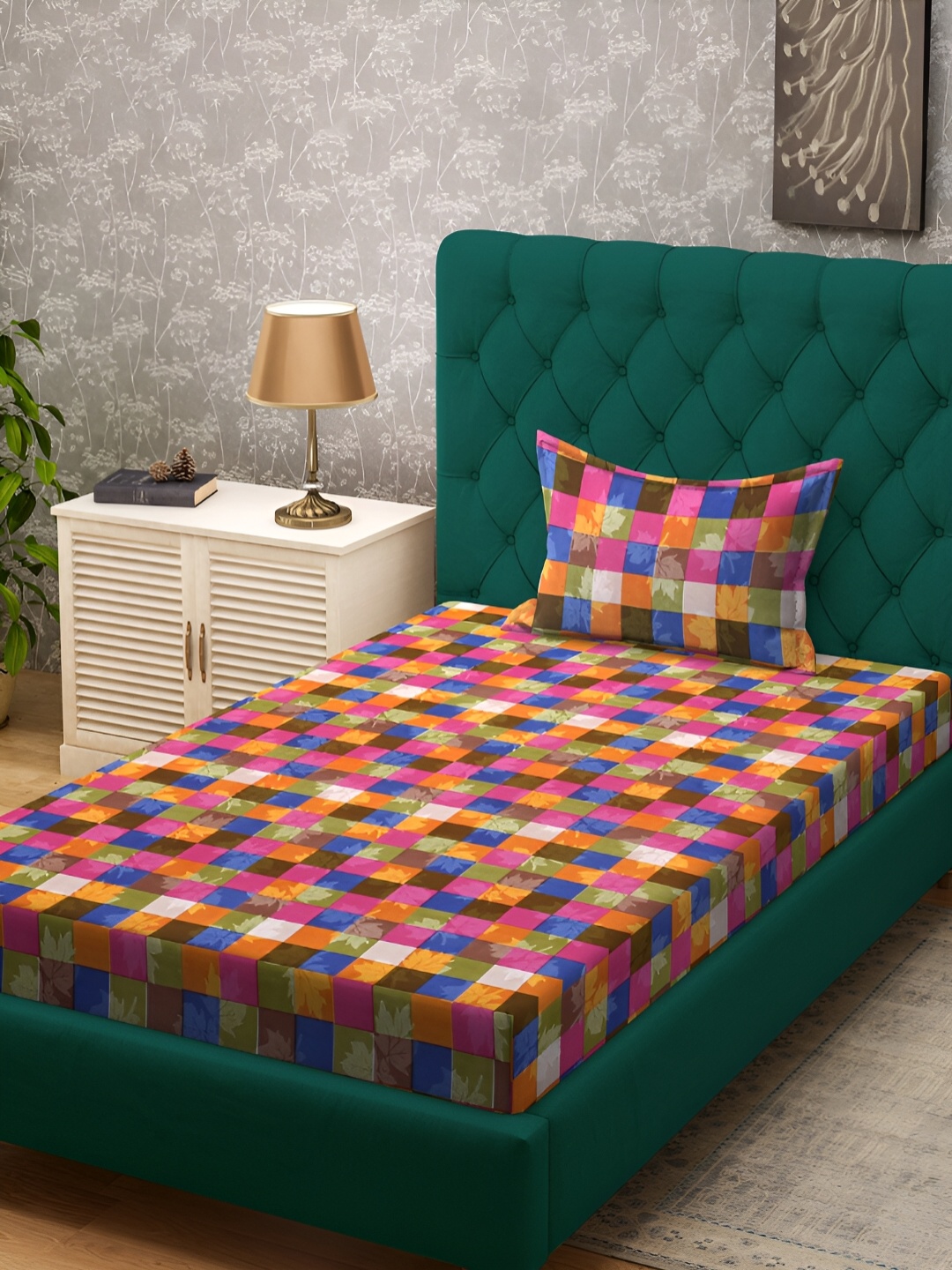 

KLOTTHE Blue & Orange Geometric Printed 300 TC Single Bedsheet & Pillow Cover