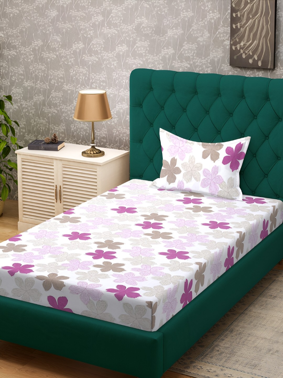 

KLOTTHE White & Purple Floral Printed 300 TC Single Bedsheet With 1 Pillow Cover