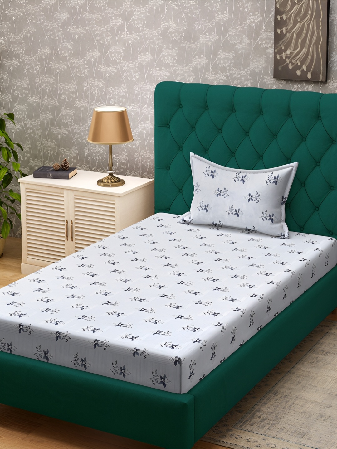 

KLOTTHE White Floral 300 TC Cotton Blend Single Bedsheet with Pillow Cover
