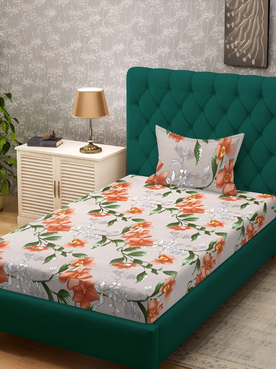

KLOTTHE Beige & Orange Floral Printed 300TC Single Bedsheet & Pillow Cover
