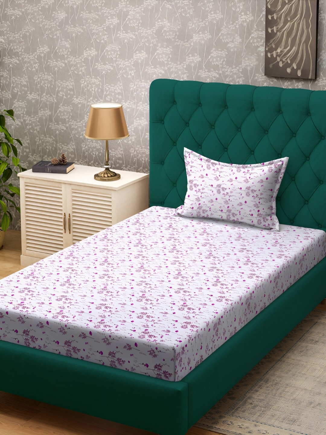 

KLOTTHE White & Purple Floral Printed 300 TC Single Bedsheet With 1 Pillow Cover