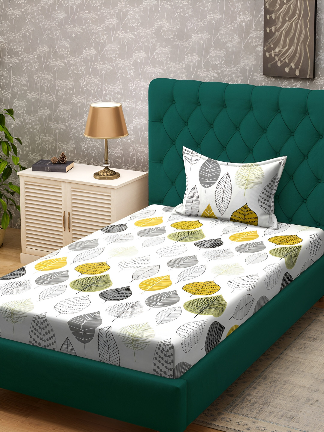 

KLOTTHE Cream & Green Floral Printed 300 TC Single Bedsheet With 1 Pillow Cover