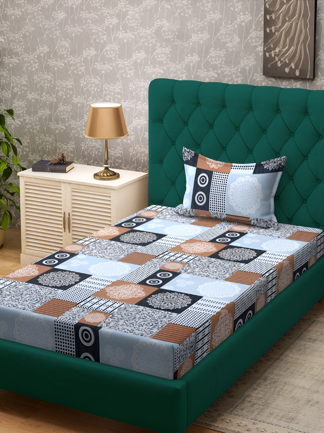 

KLOTTHE Blue & Brown Geometric Printed 300 TC Single Bedsheet With 1 Pillow Cover