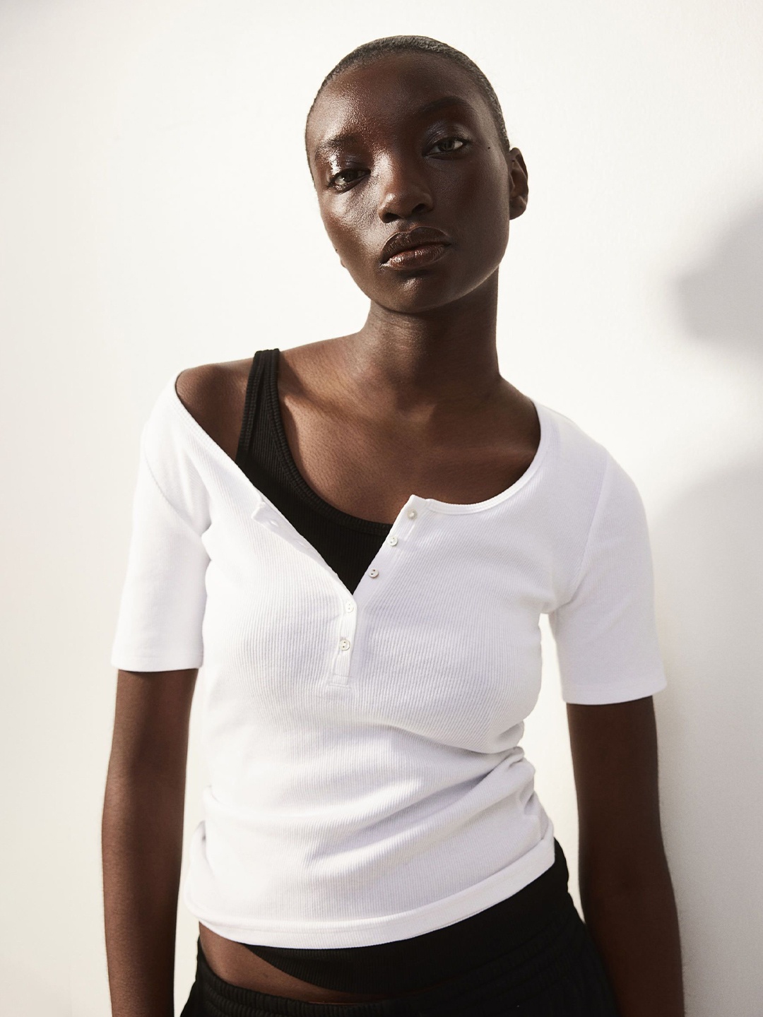 

H&M Ribbed Henley Top, White