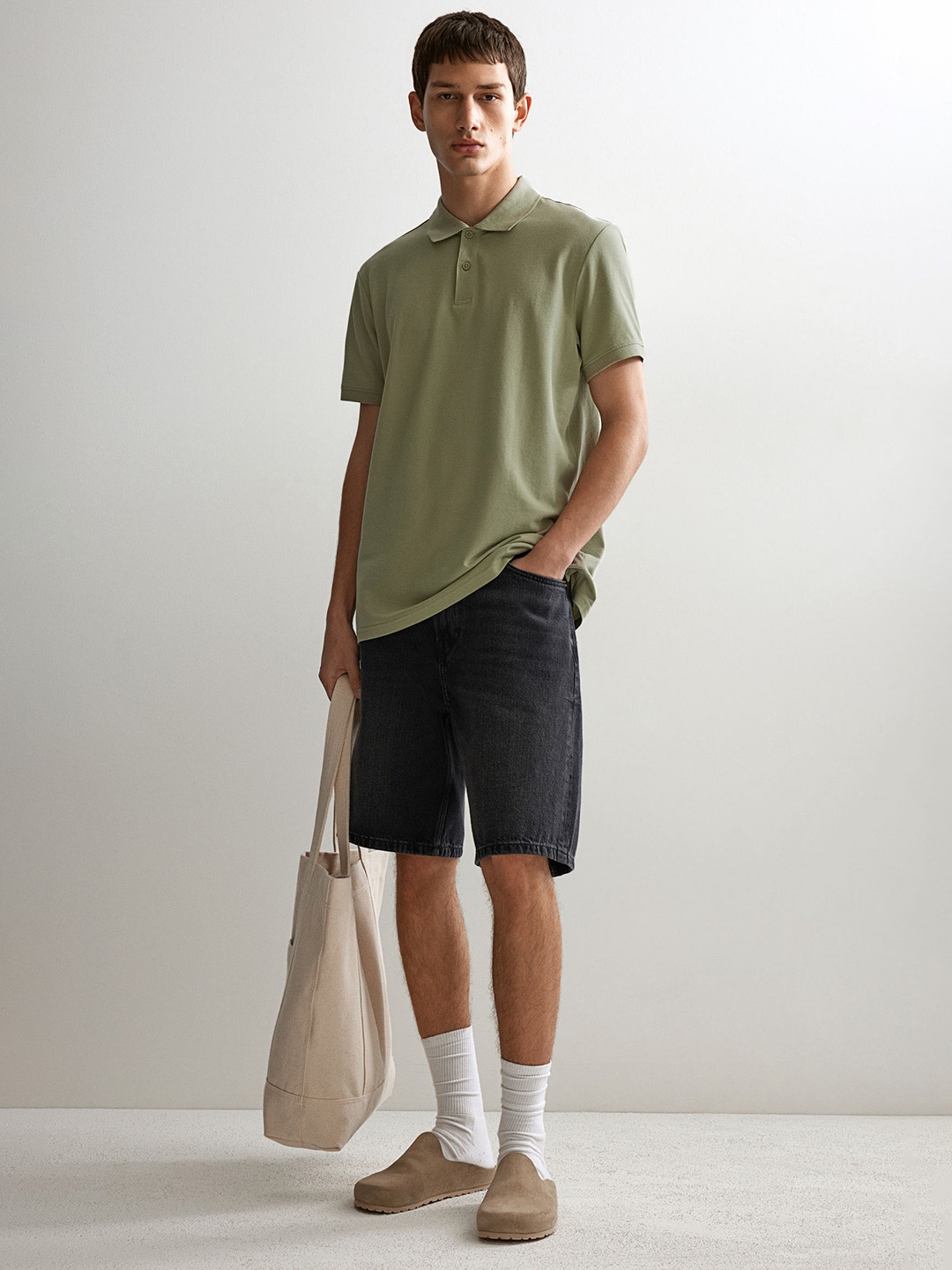 

H&M Pure Cotton Regular Fit Pique Polo Shirt, Green