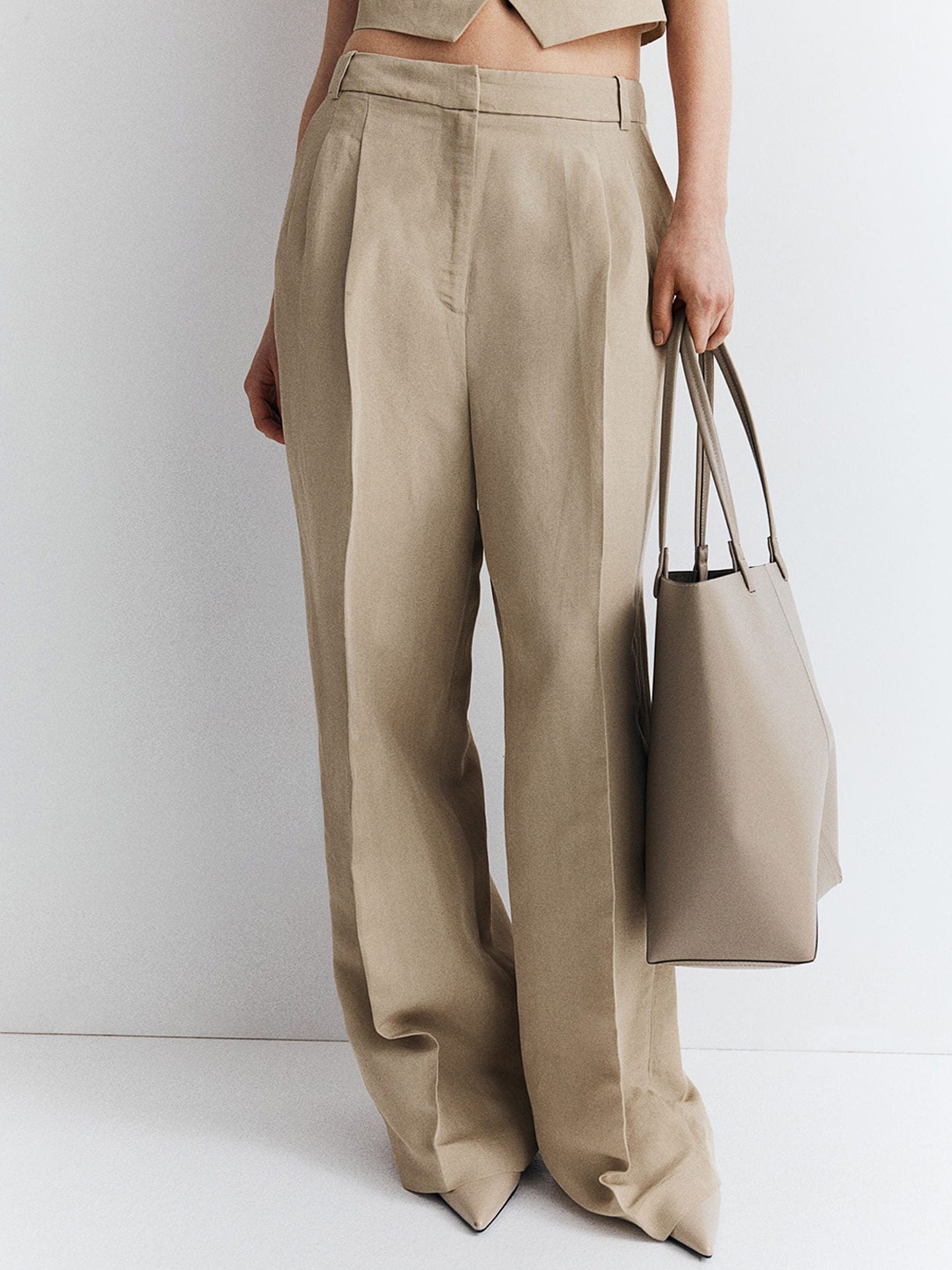 

H&M Women Tailored Linen Blend Trousers, Beige