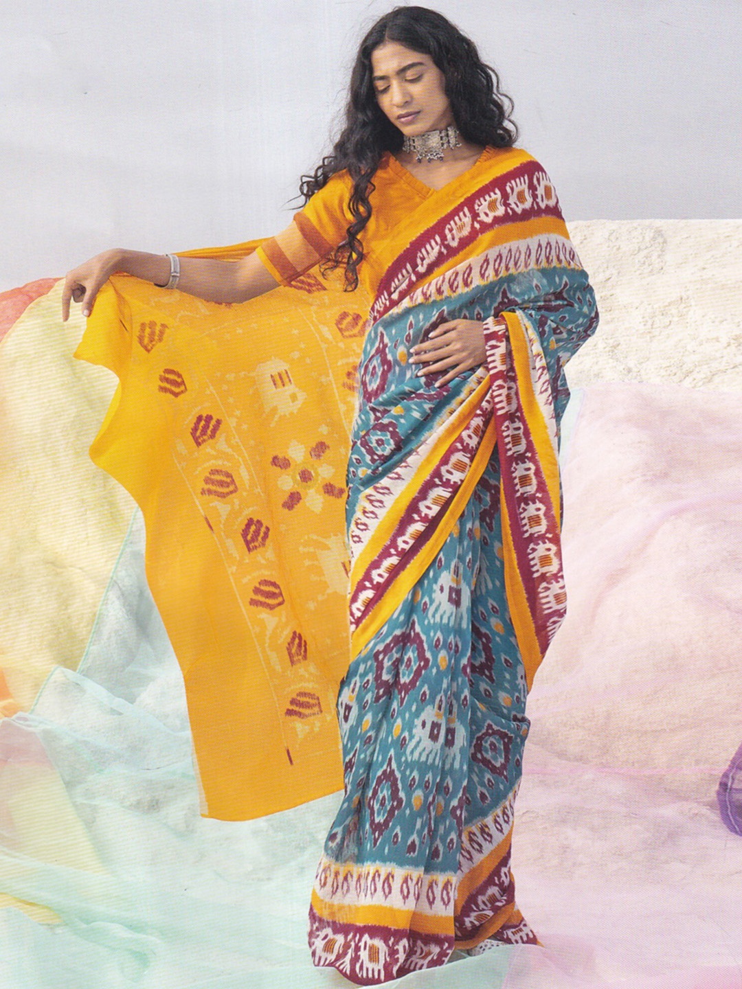 

Exotic India Pure Cotton Ikat Saree, Blue