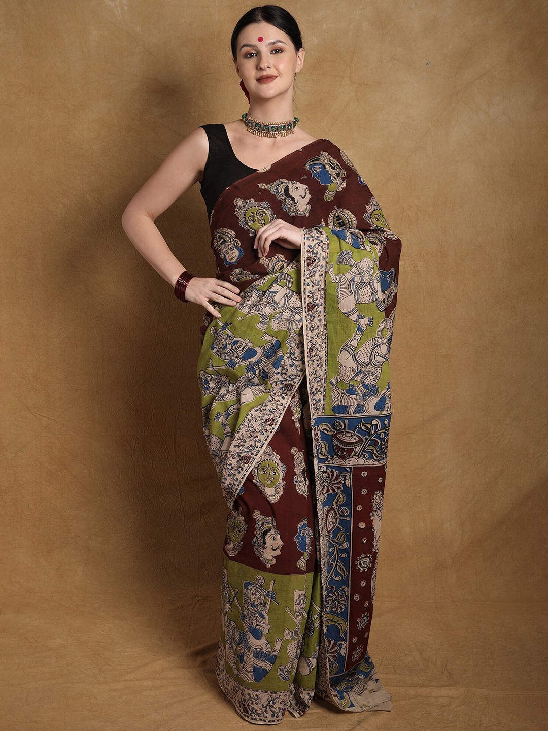

Exotic India Kalamkari Pure Cotton Saree, Brown