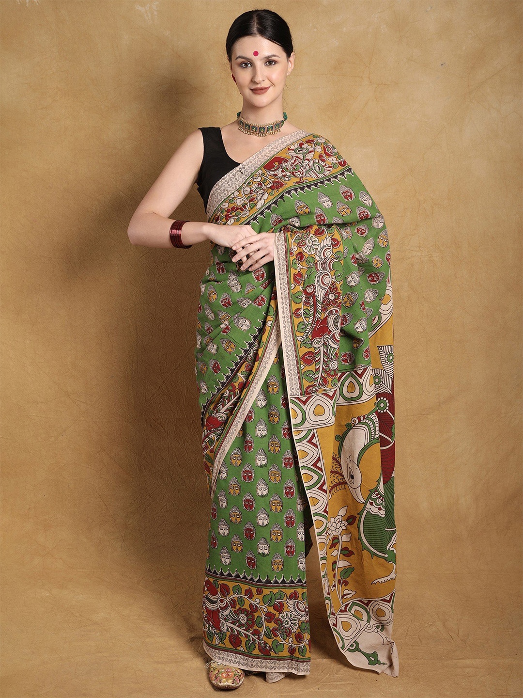 

Exotic India Kalamkari Pure Cotton Saree, Green