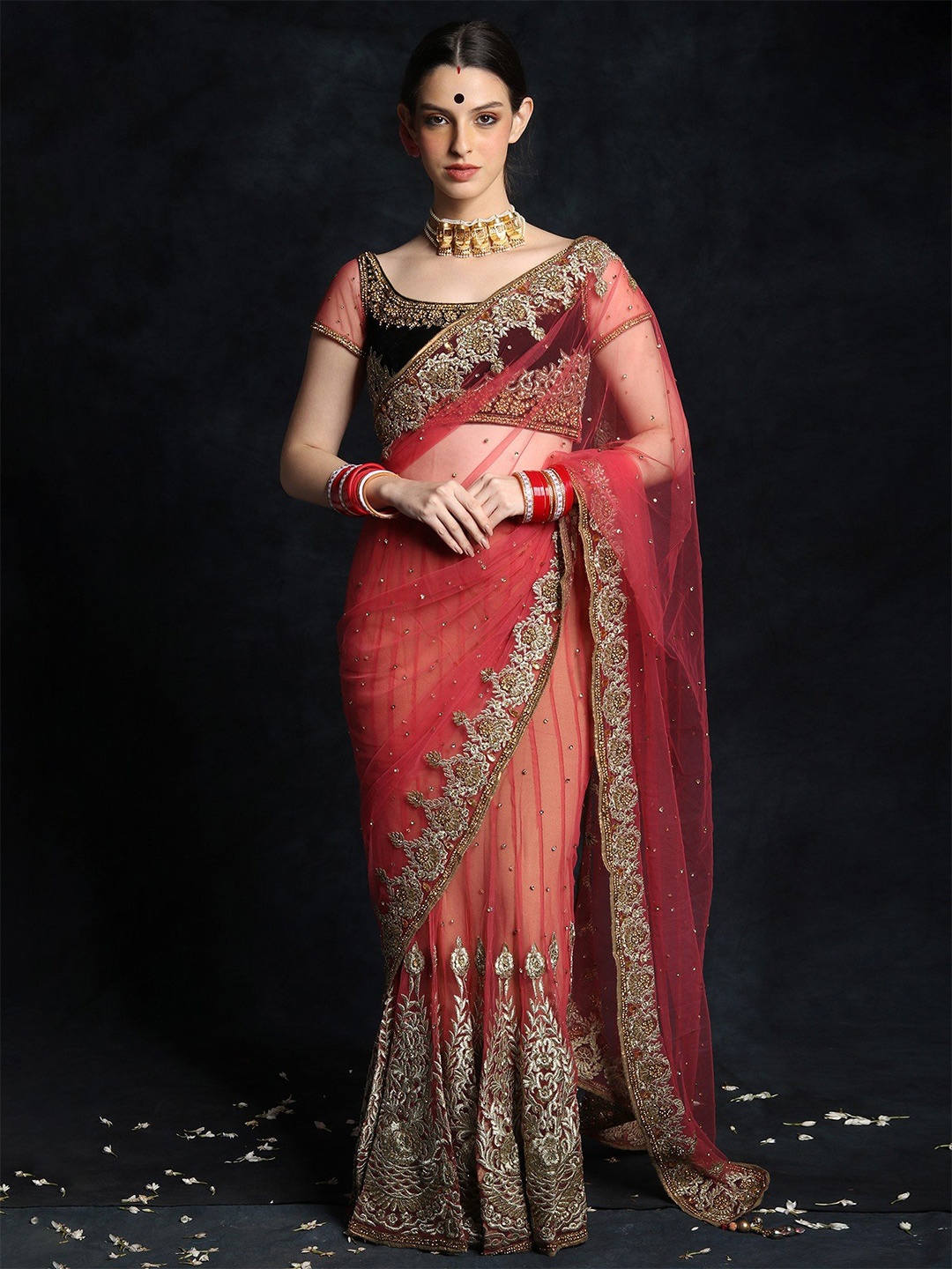 

Exotic India Floral Embroidered Net Saree, Red