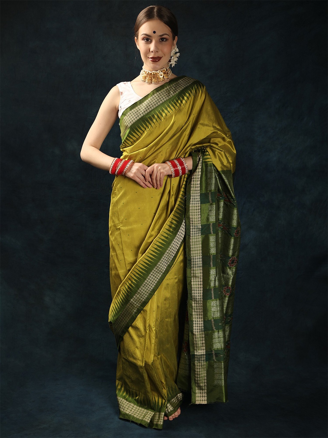 

Exotic India Polka Dot Zari Pure Silk Sambalpuri Saree, Green