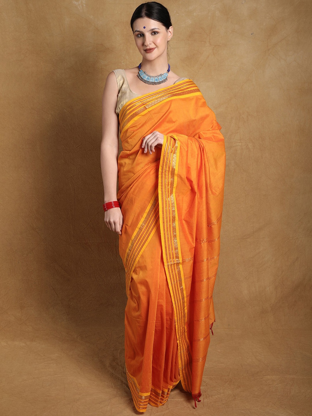 

Exotic India Zari Pure Cotton Saree, Orange