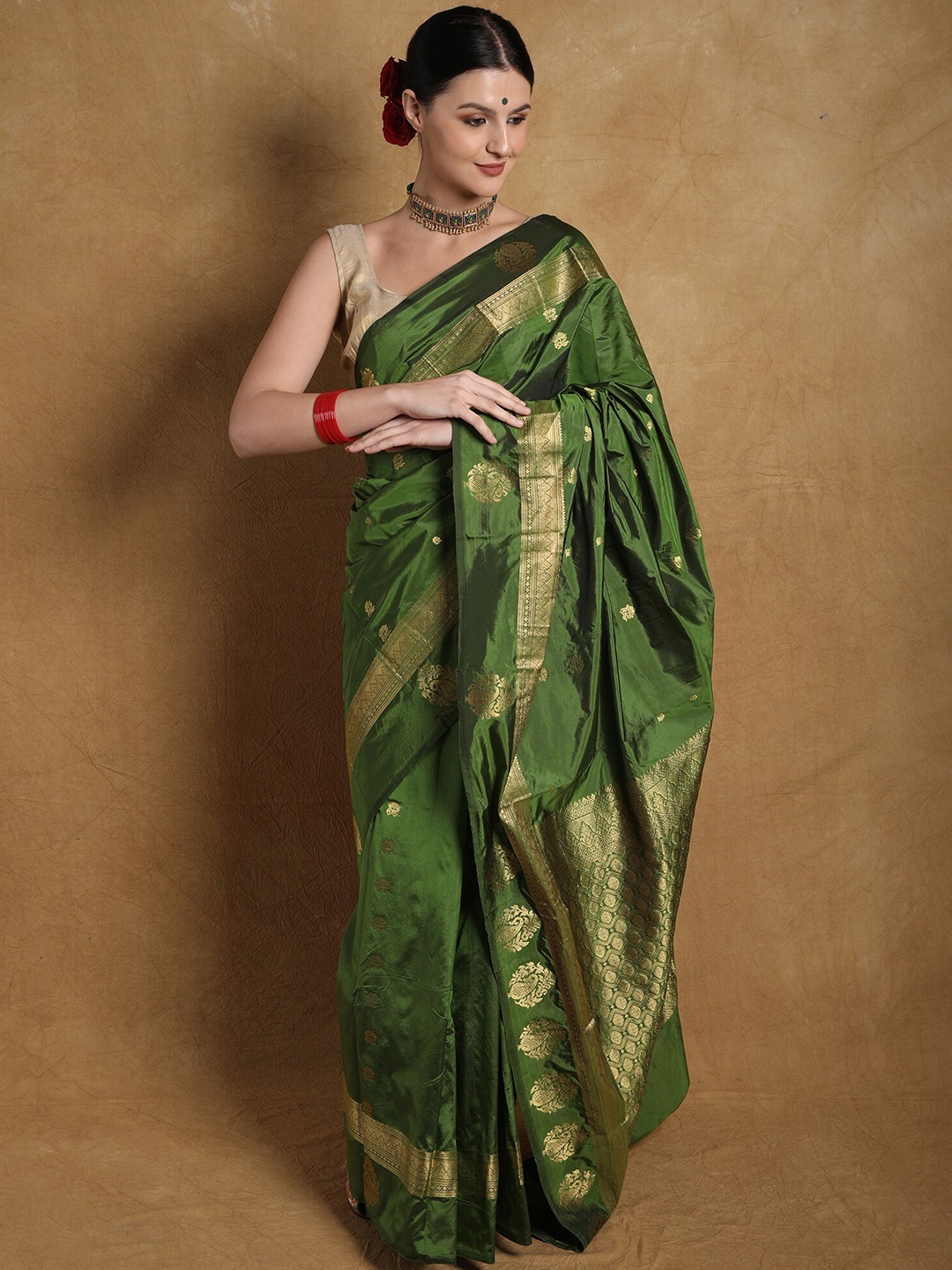 

Exotic India Mint Green Pure Silk Brocaded Saree with woven Paisleys