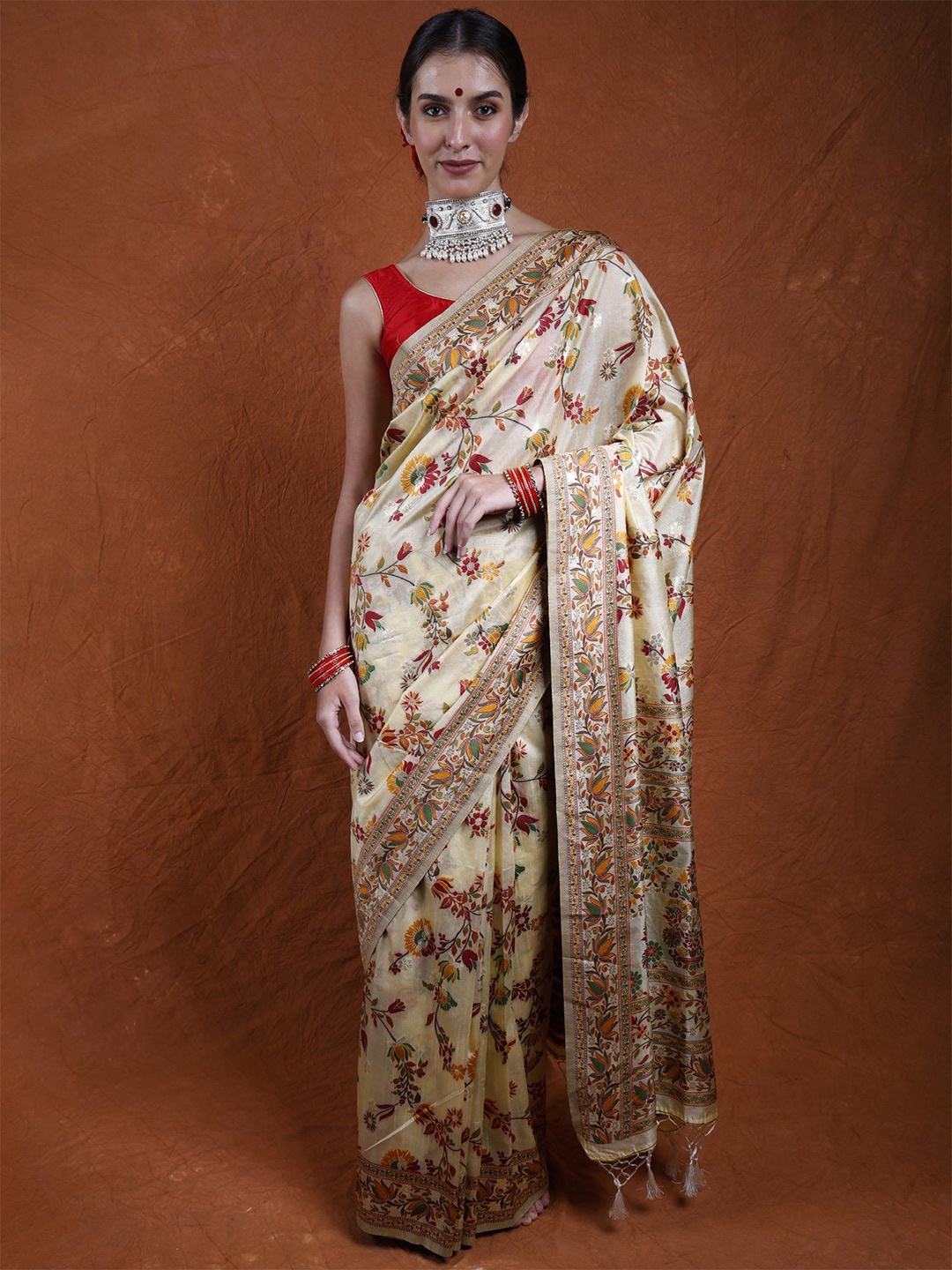 

Exotic India Floral Zari Art Silk Jamdani Saree, Yellow
