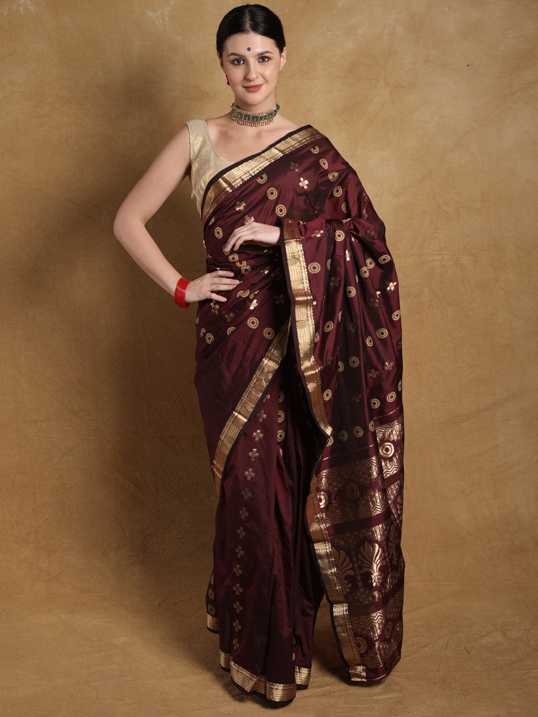 

Exotic India Woven Design Zari Pure Silk Saree, Burgundy