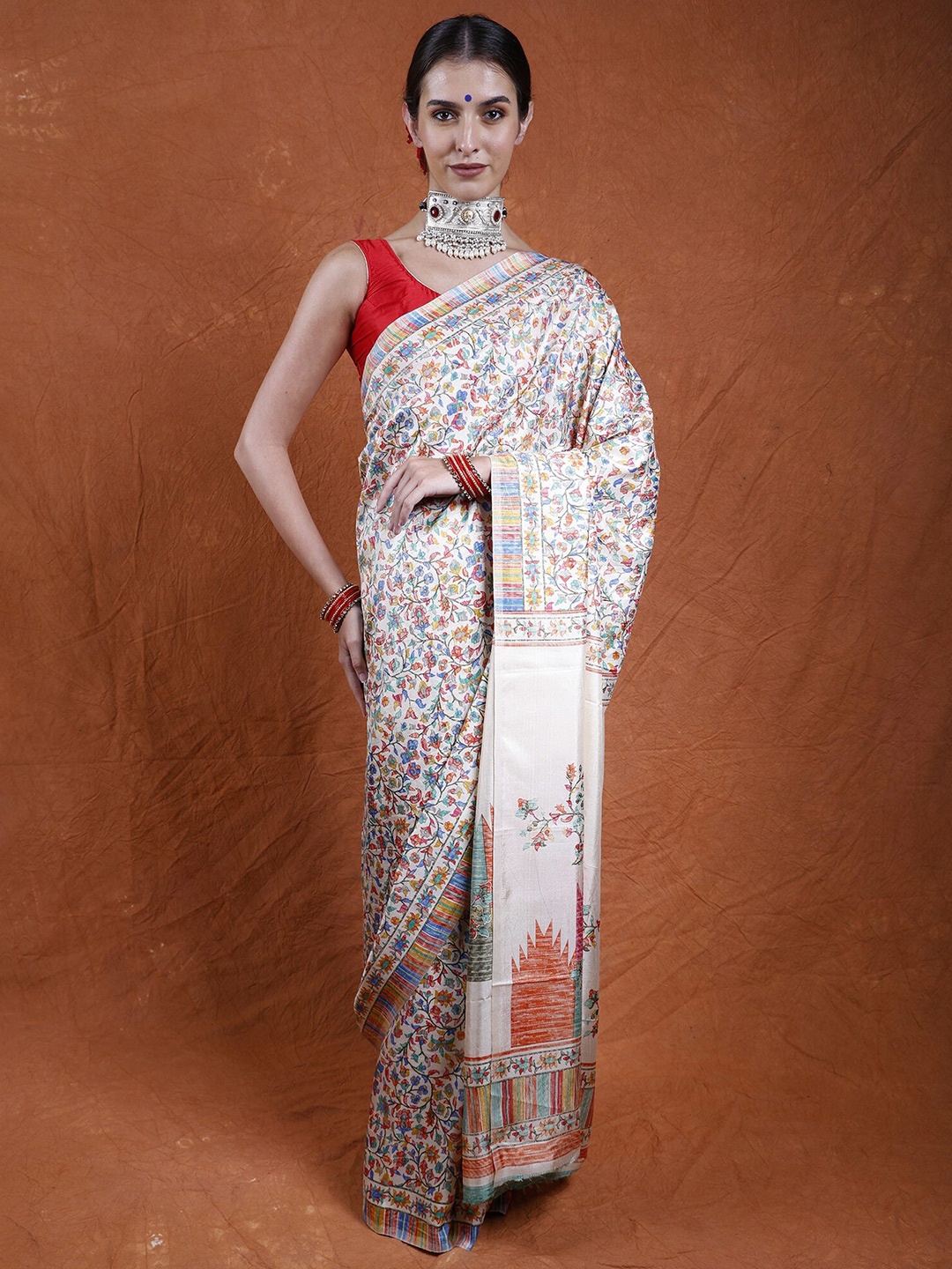 Exotic India Cannoli Cream Art Silk Printed Multi-Colored Flower Kani Saree