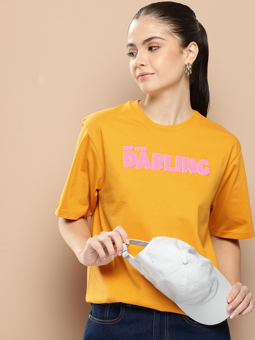 

Difference of Opinion Women Typography Printed Embossed Oversized T-shirt, Mustard
