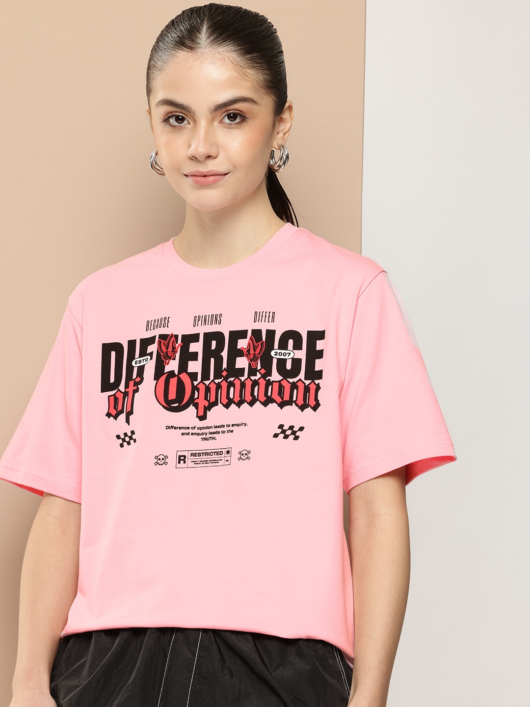 

Difference of Opinion Women Typography Printed Oversized T-shirt, Pink