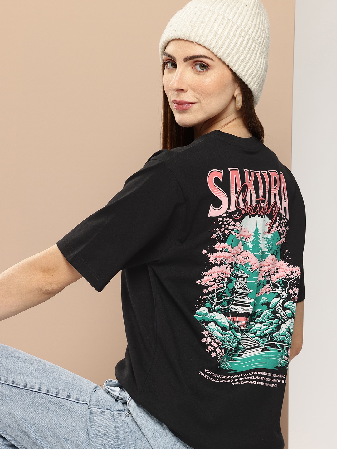 

Difference of Opinion Women Graphic Printed Oversized T-shirt, Black