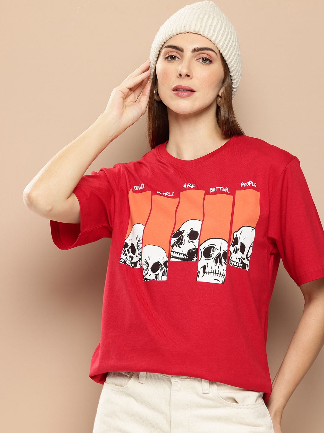 

Difference of Opinion Women Graphic Printed Oversized T-shirt, Red