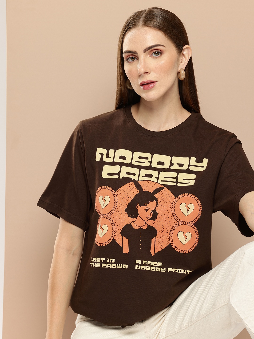 

Difference of Opinion Women Graphic Printed Oversized T-shirt, Brown
