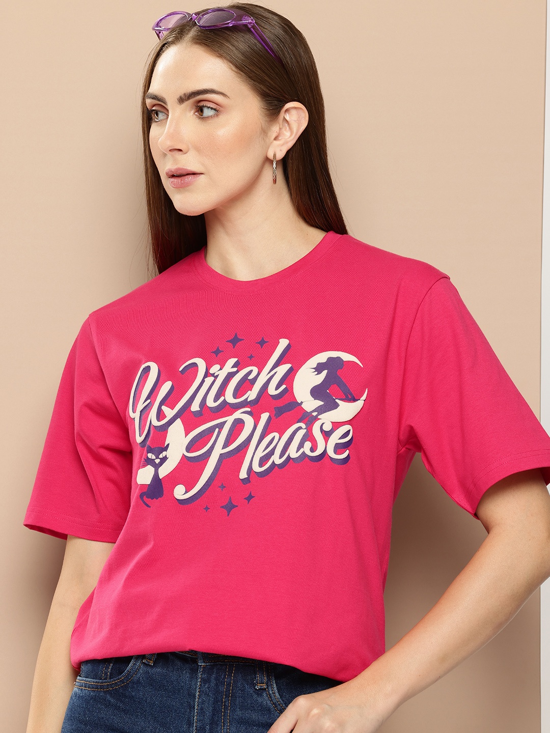 

Difference of Opinion Women Typography Printed Embossed Oversized T-shirt, Pink