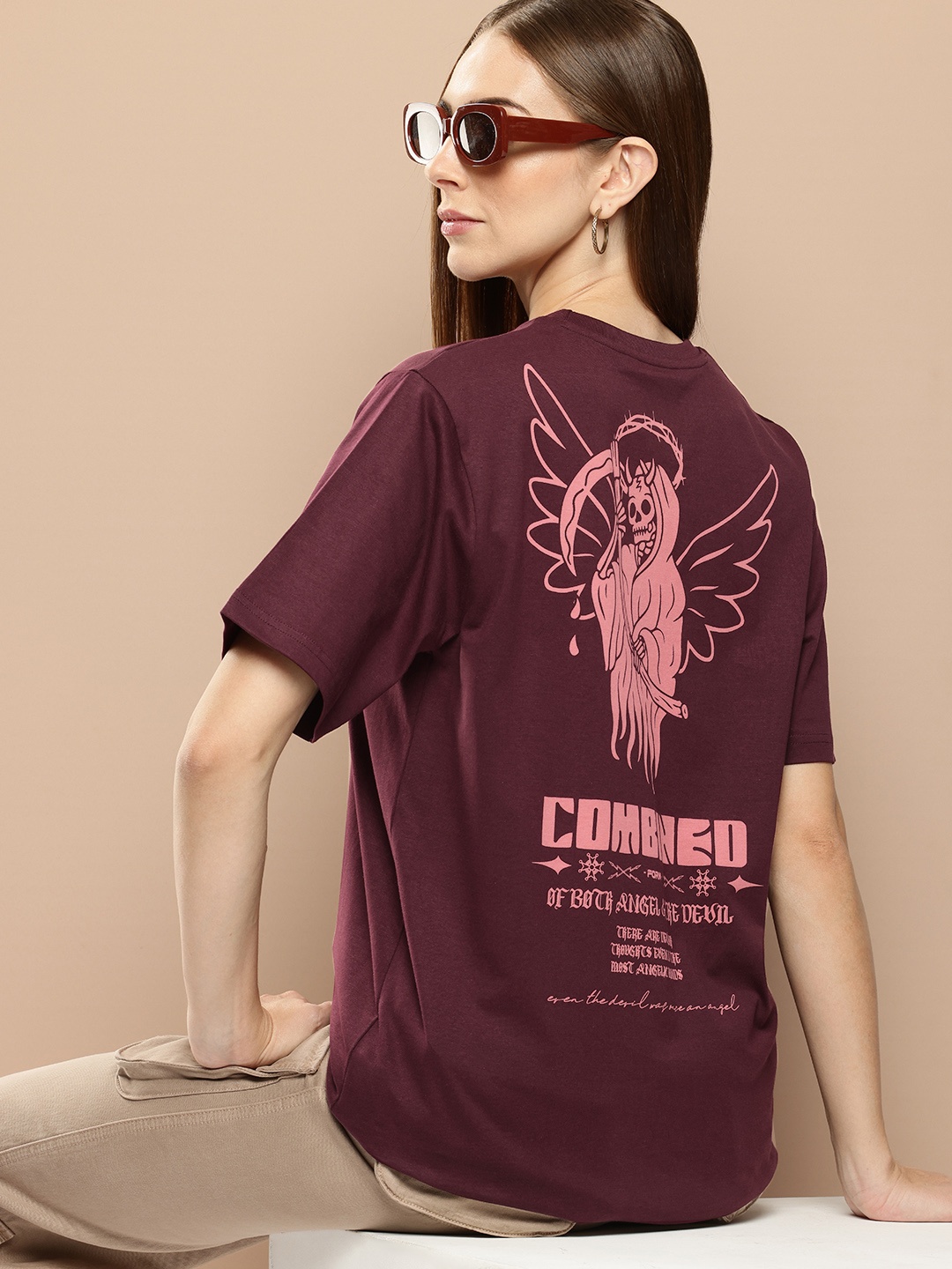 

Difference of Opinion Women Graphic Printed Oversized T-shirt, Maroon