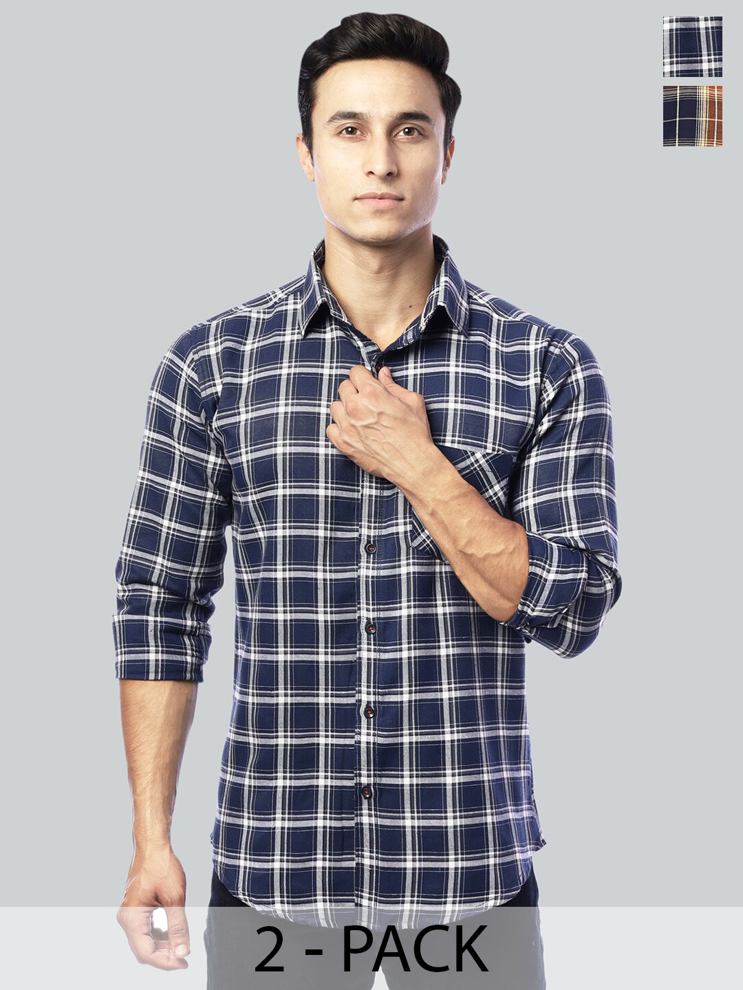 

FUBAR Pack Of 2 Checked Shirts, Navy blue