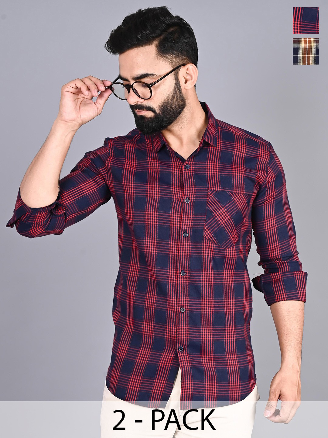 

FUBAR Pack Of 2 Checked Shirts, Navy blue
