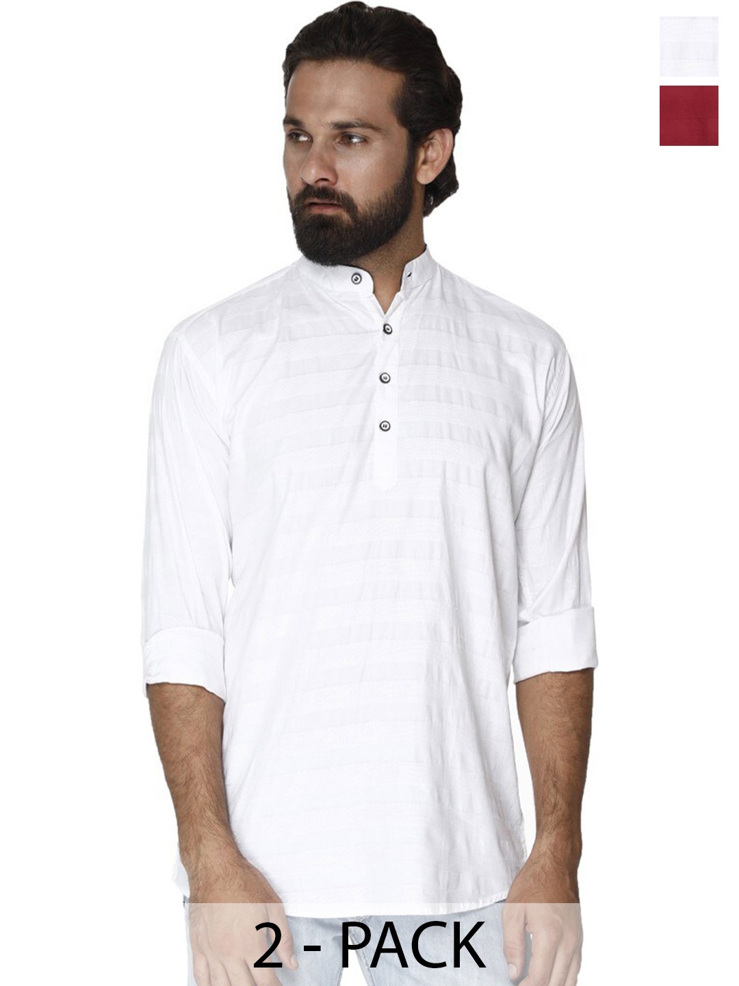 

FUBAR Pack Of 2 Striped Mandarin Collar Shirts, White