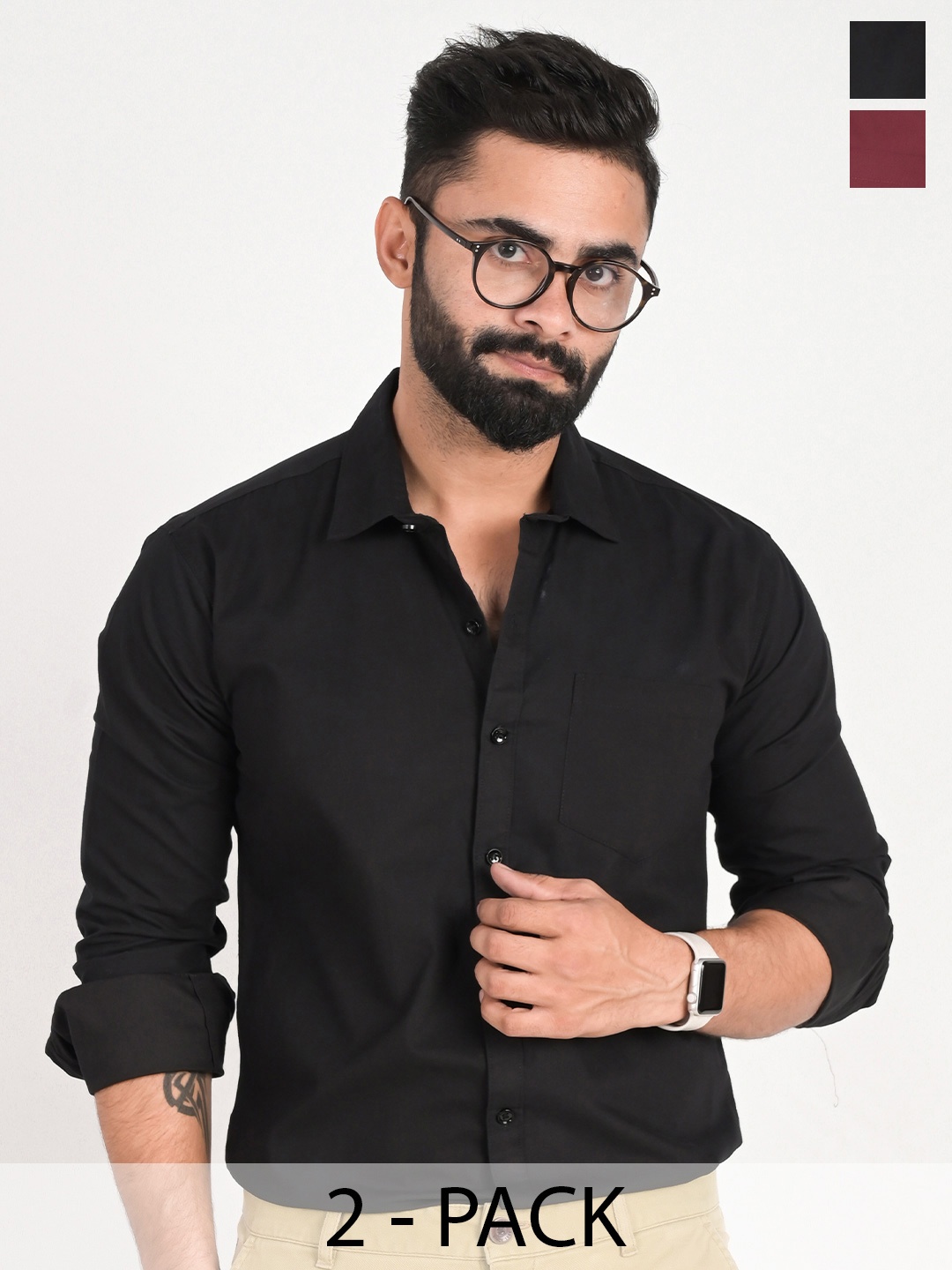 

FUBAR Pack Of 2 Spread Collar Shirts, Black