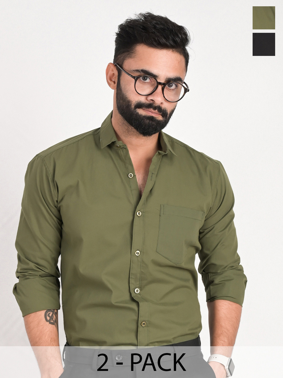 

FUBAR Pack Of 2 Spread Collar Shirts, Green