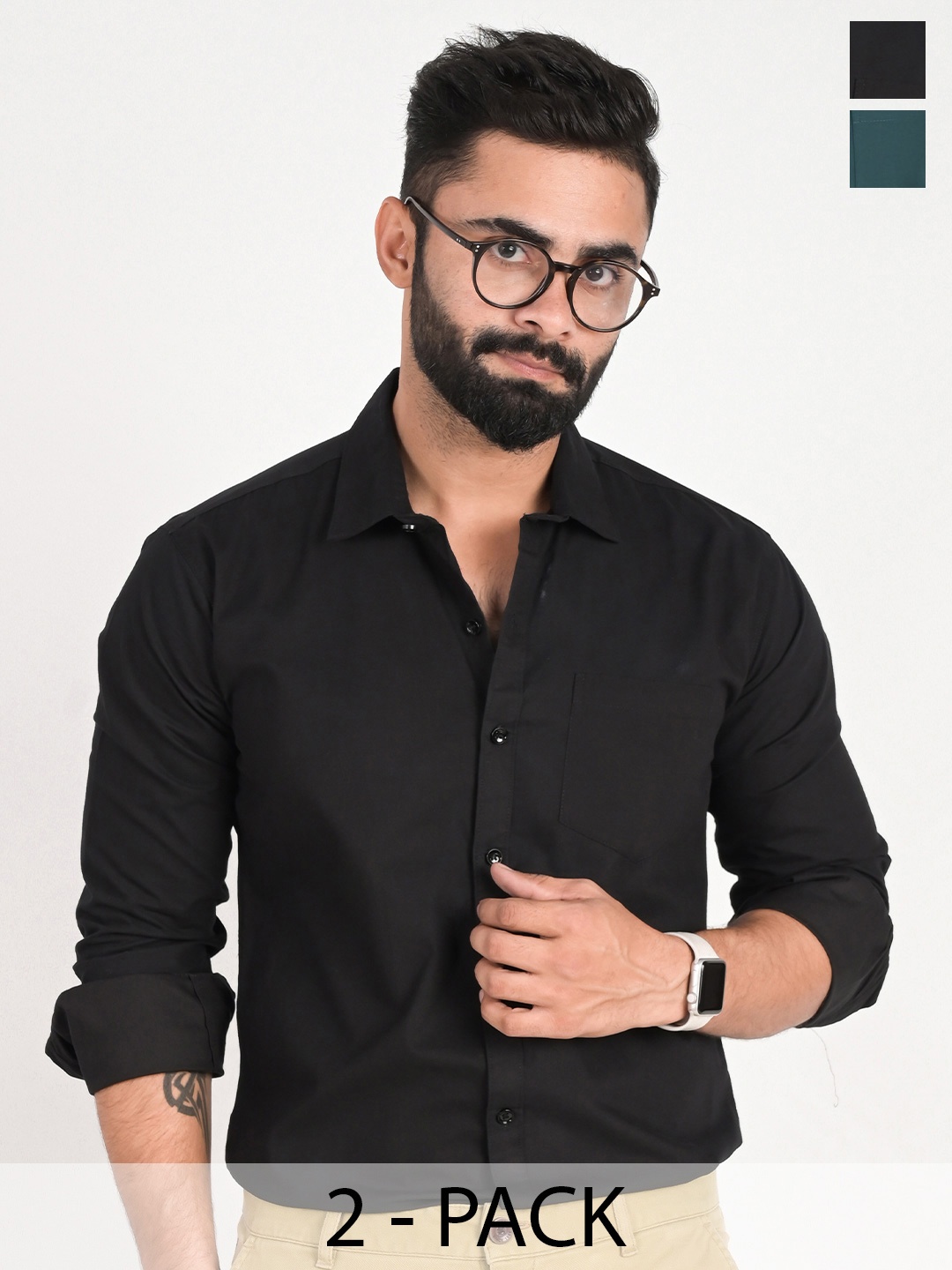 

FUBAR Pack Of 2 Spread Collar Shirts, Black