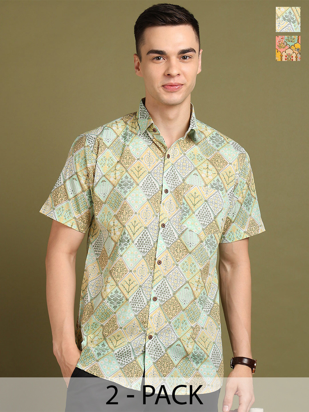 

FUBAR Pack Of 2 Slim Fit Spread Collar Printed Cotton Casual Shirts, Green