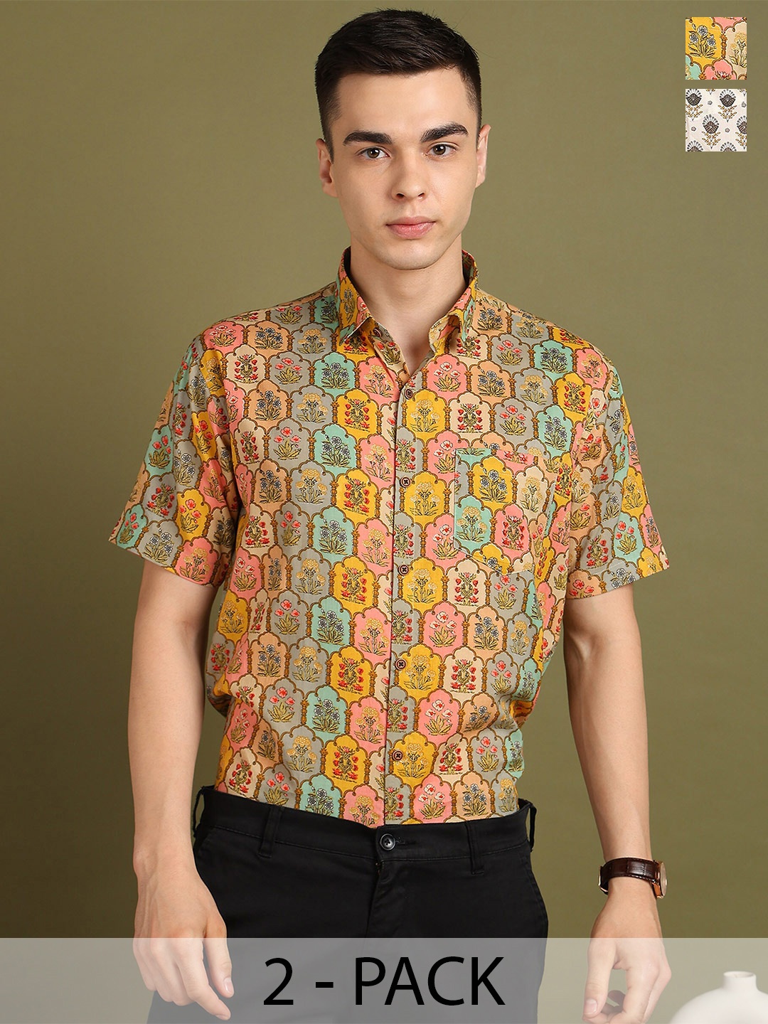 

FUBAR Pack Of 2 Slim Fit Spread Collar Printed Cotton Casual Shirts, Brown