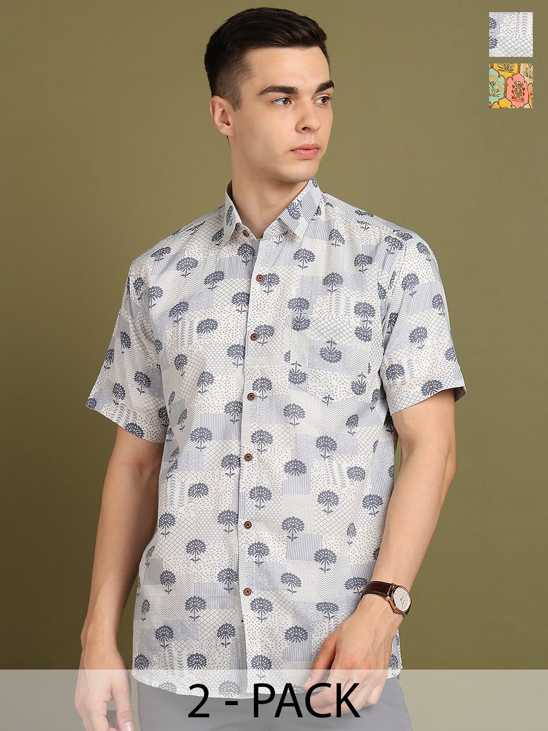 

FUBAR Pack Of 2 Slim Fit Spread Collar Printed Cotton Casual Shirts, Grey