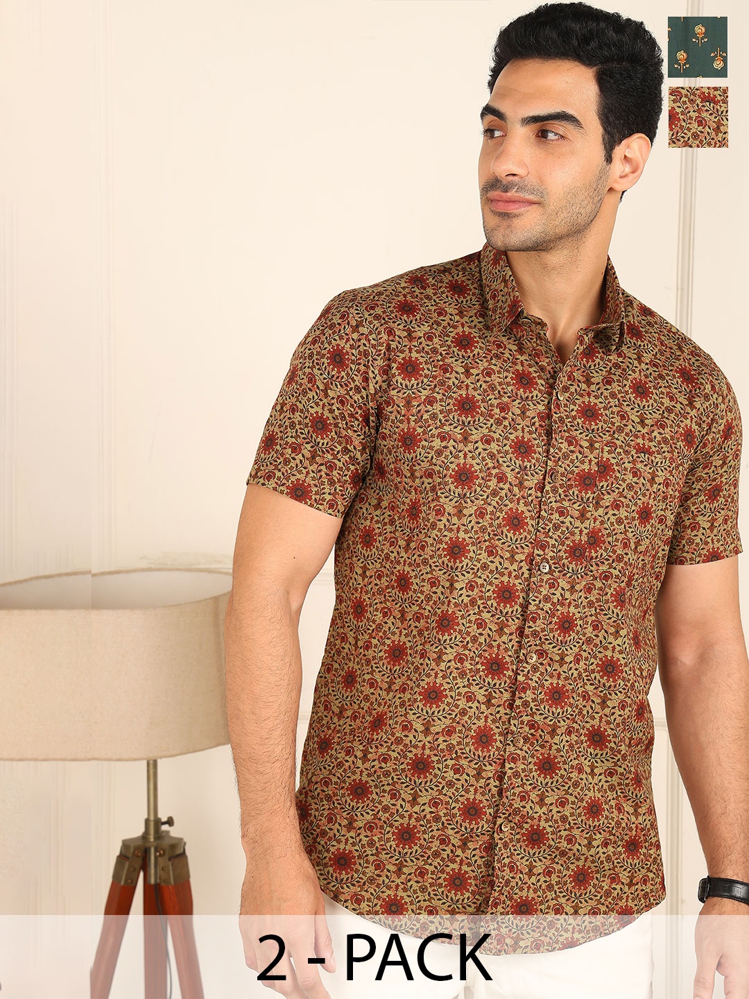 

FUBAR Pack Of 2 Slim Fit Spread Collar Printed Casual Shirts, Brown