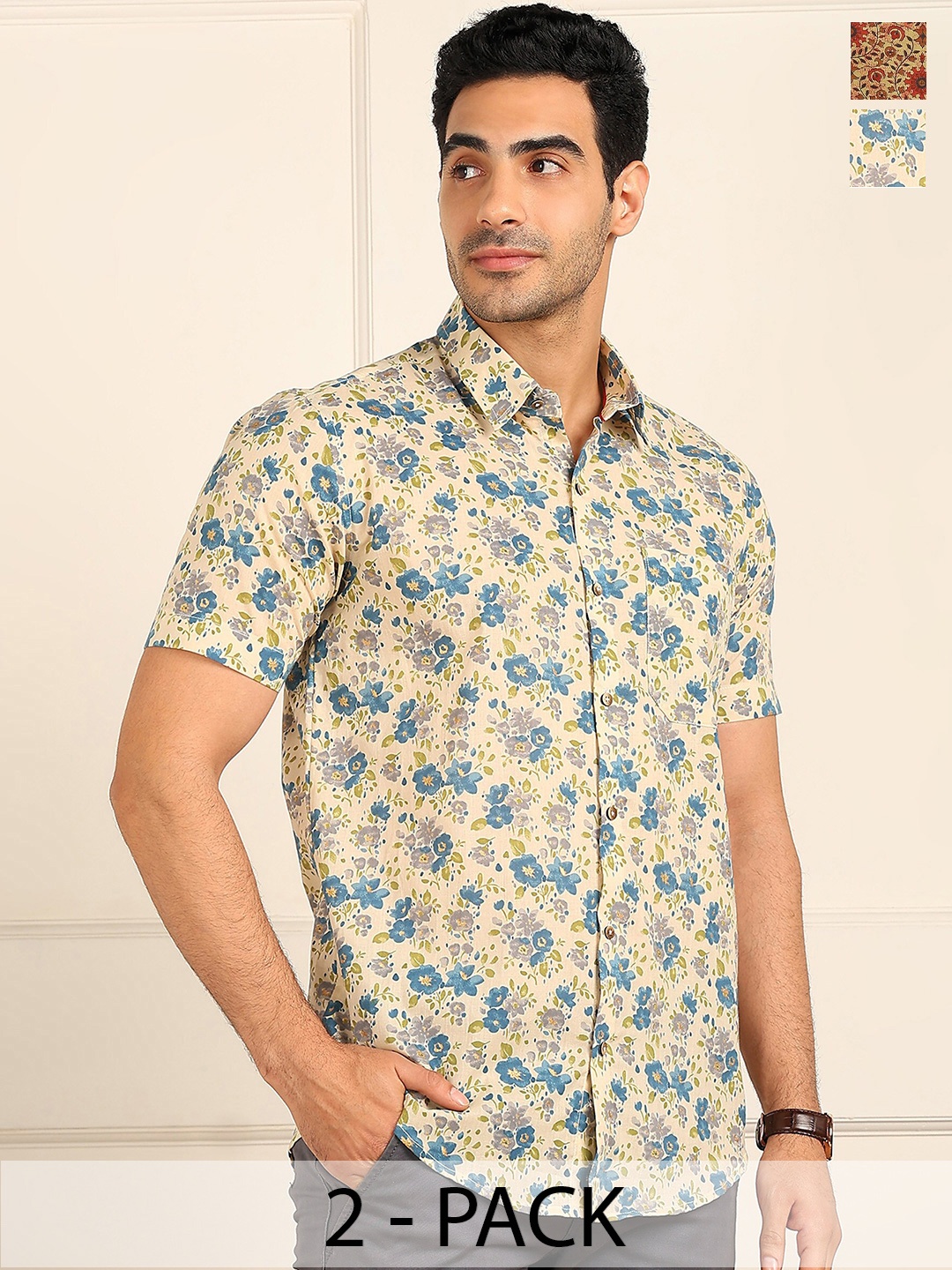 

FUBAR Pack Of 2 Slim Fit Spread Collar Printed Casual Shirts, Cream