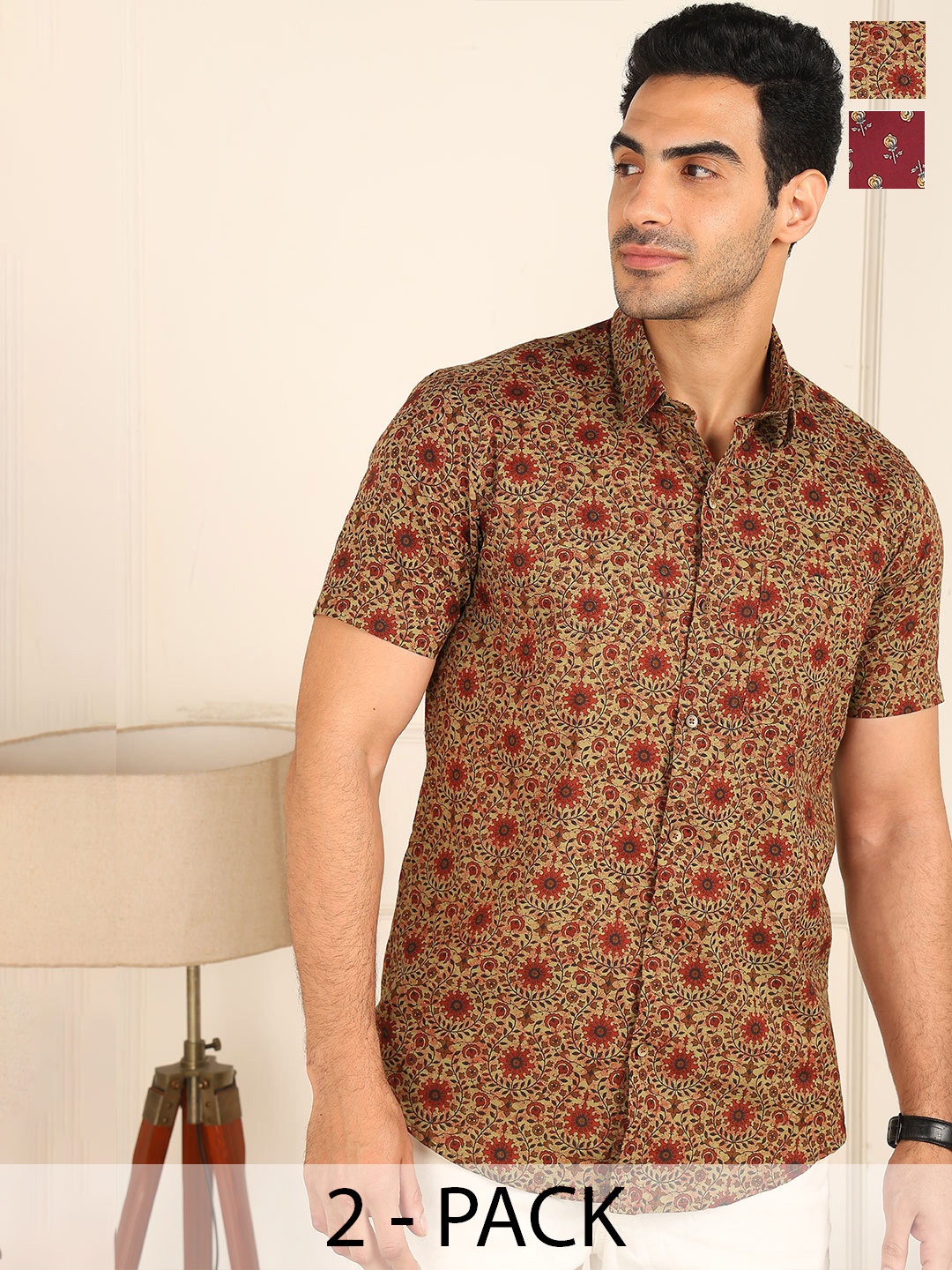

FUBAR Pack Of 2 Slim Fit Spread Collar Printed Cotton Casual Shirts, Brown