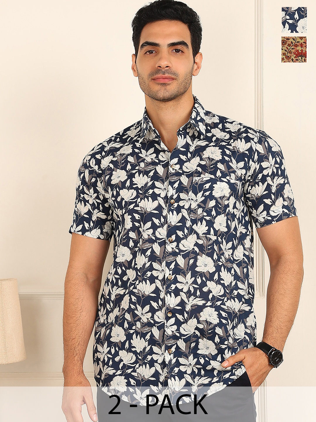 

FUBAR Pack Of 2 Slim Fit Spread Collar Printed Casual Shirts, Navy blue