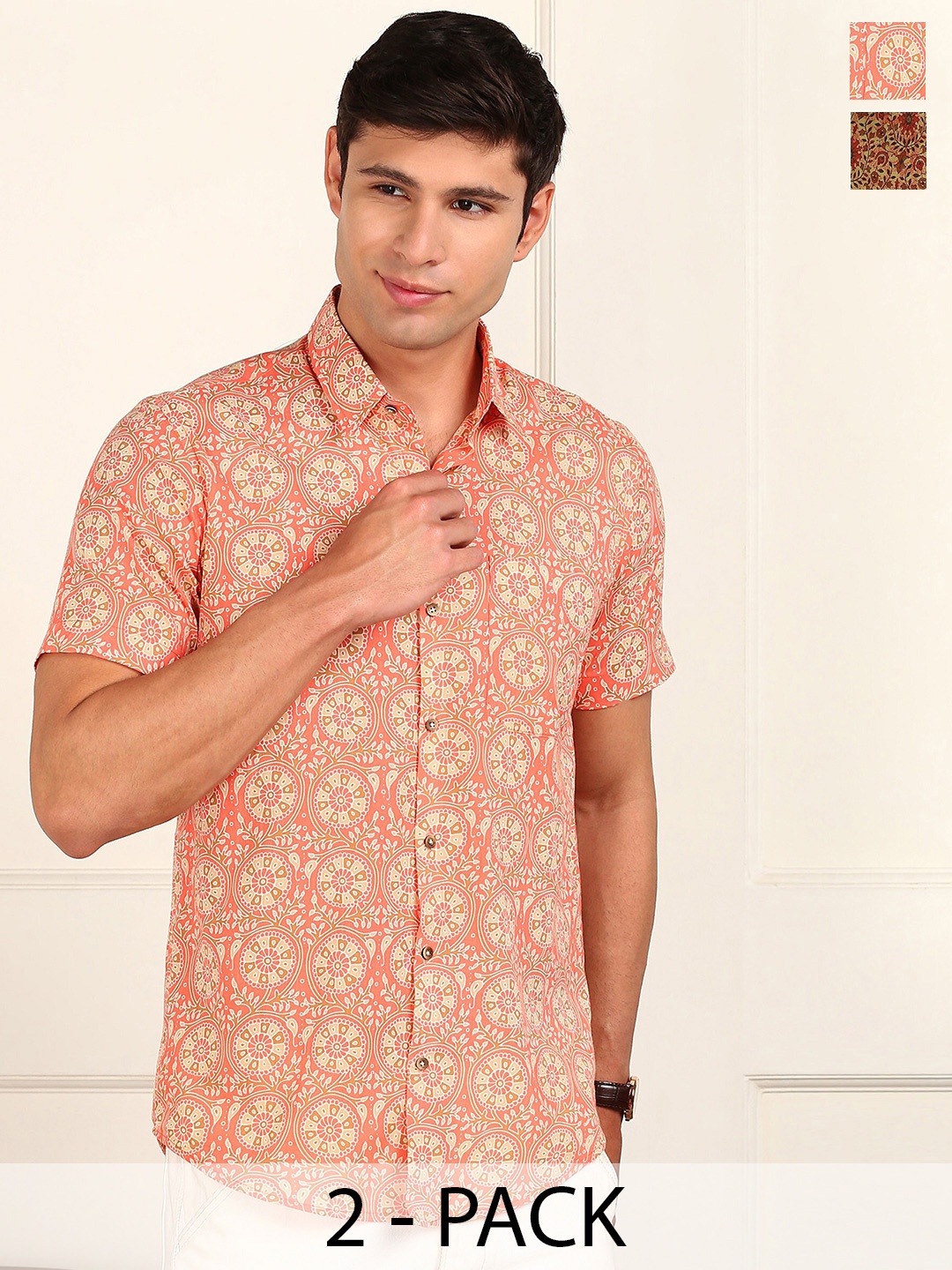 

FUBAR Pack Of 2 Slim Fit Spread Collar Printed Casual Shirts, Orange