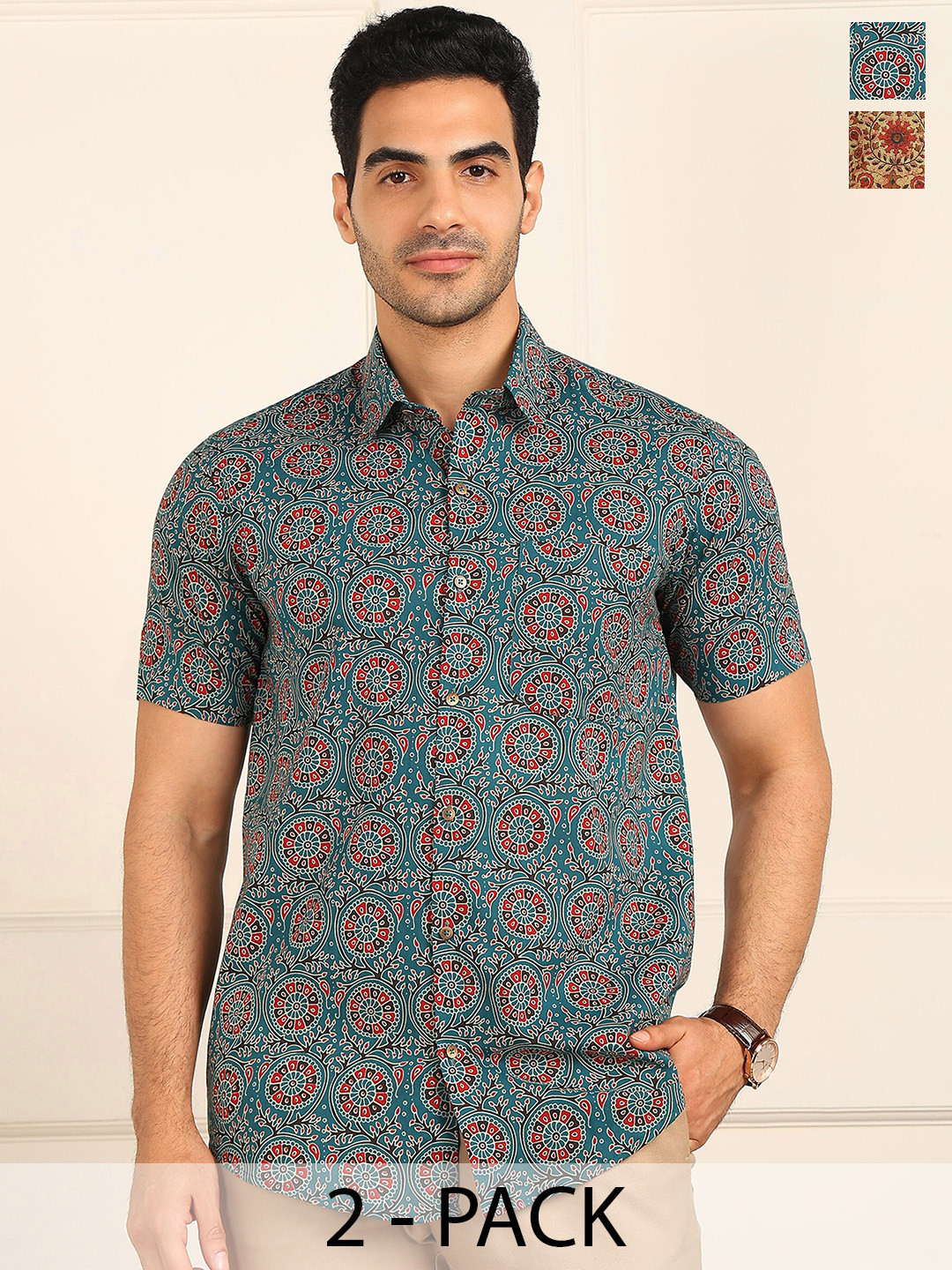 

FUBAR Pack Of 2 Slim Fit Spread Collar Printed Cotton Casual Shirts, Blue