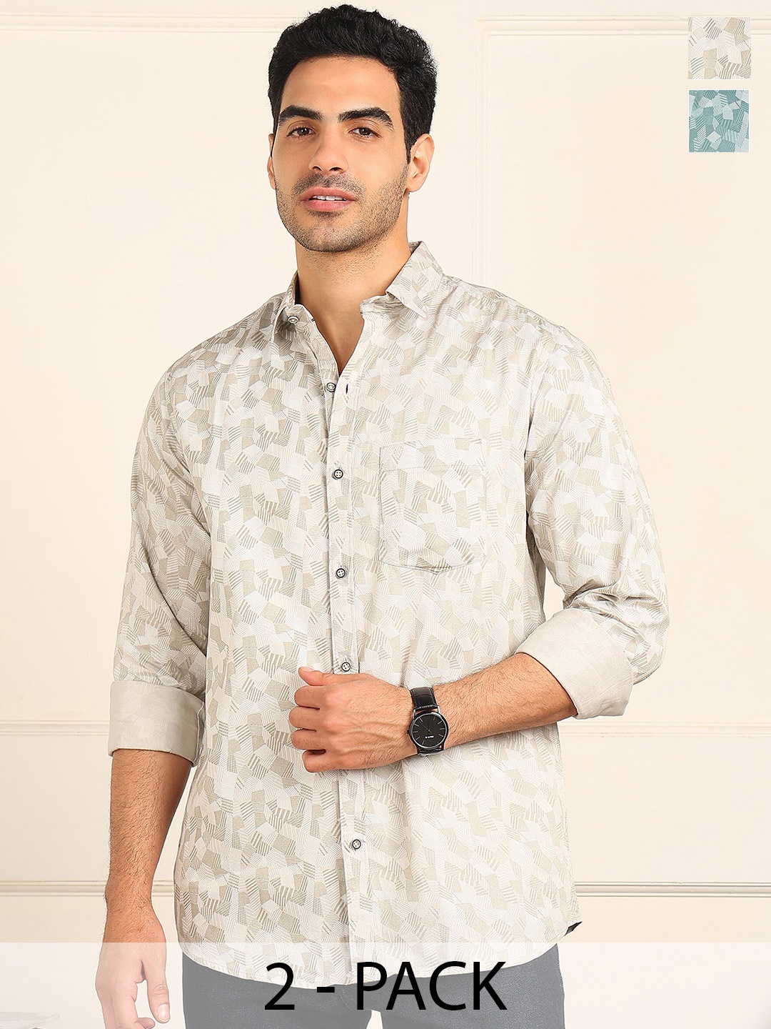 

FUBAR Pack Of 2 Slim Fit Spread Collar Printed Casual Shirts, Beige