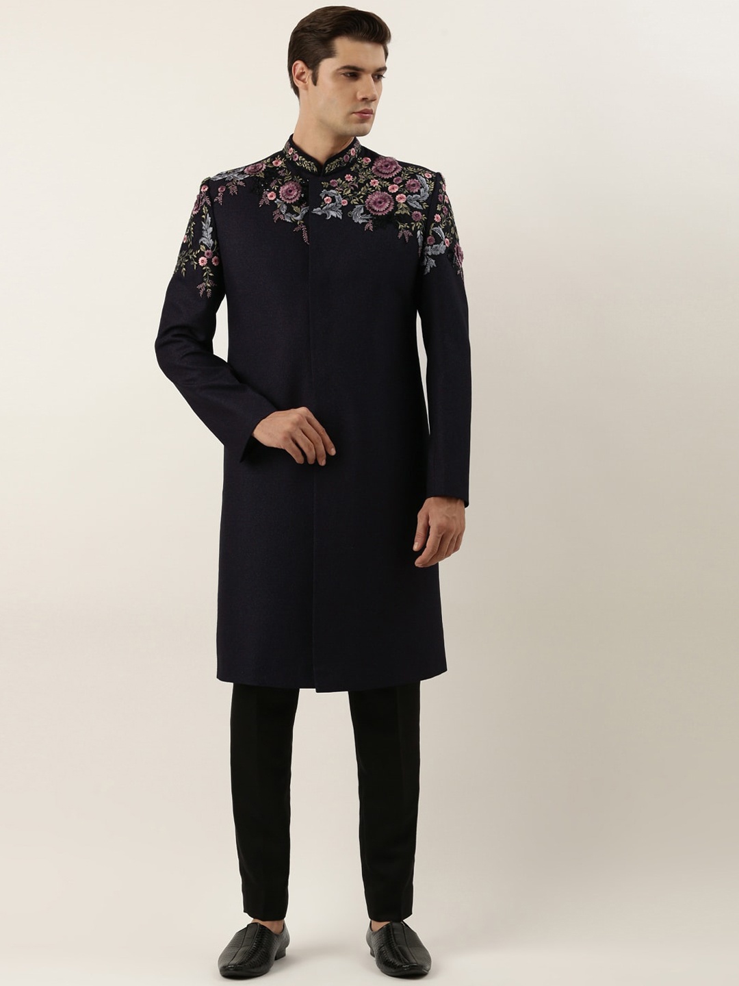 

TheEthnic.Co Floral Embroidered Mandarin Collar Sequinned Sherwani With Pyjamas, Purple
