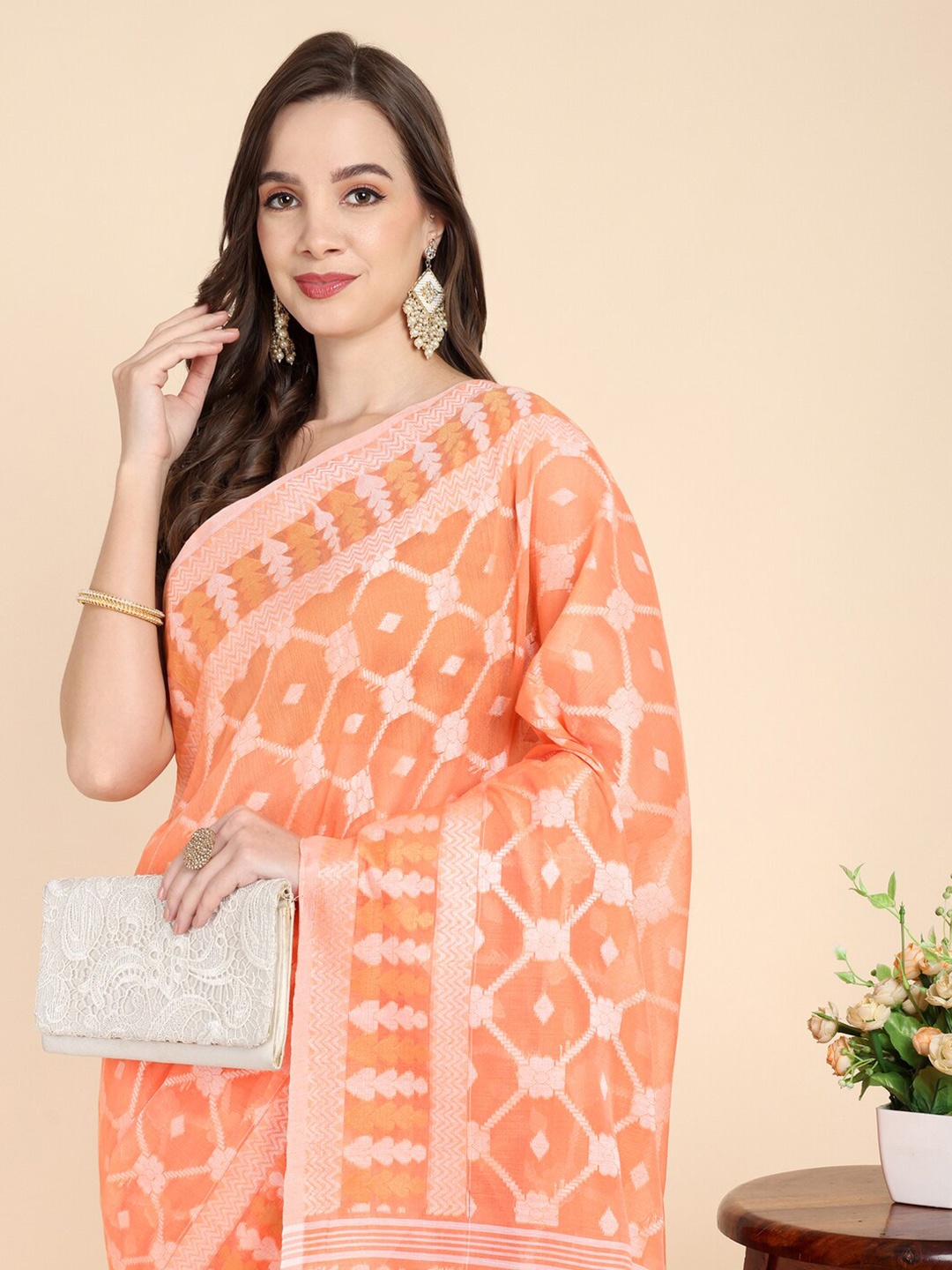 

SLAGHA Woven Design Jamdani Saree, Orange