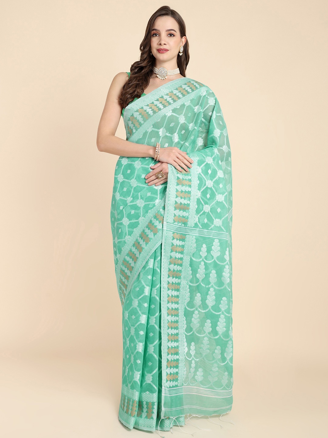 

SLAGHA Woven Design Zari Jamdani Saree, Turquoise blue