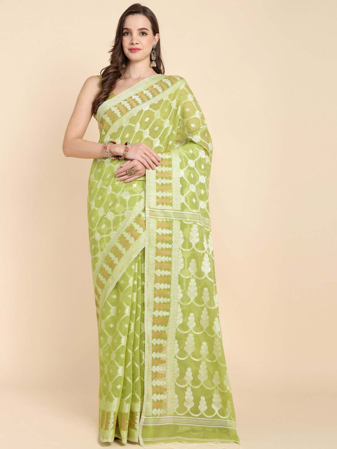 

SLAGHA Woven Design Zari Jamdani Saree With Blouse Piece, Olive